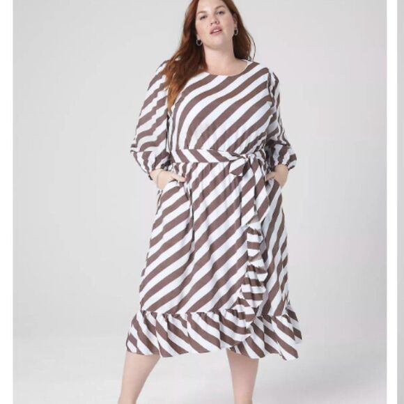 Lane Bryant Blouson-Sleeve Ruffle Hem Brown White Stripe Print Size 24 NEW - Picture 1 of 14